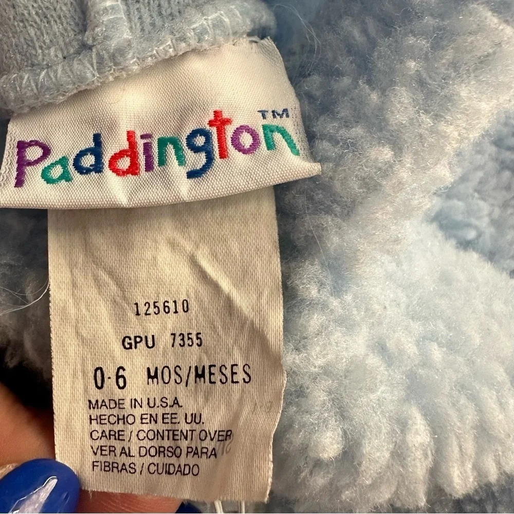 Vtg Paddington Baby Blue Fuzzy Sherpa Hooded Footie Outfit 0-6M bodysuit snow